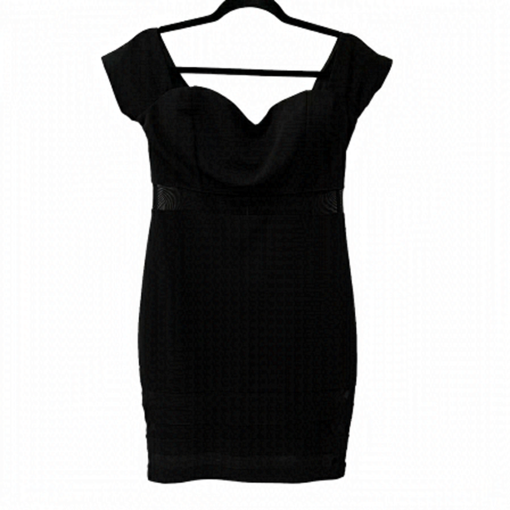 Justify black dress with mesh on middle of dress and on bottom. size large